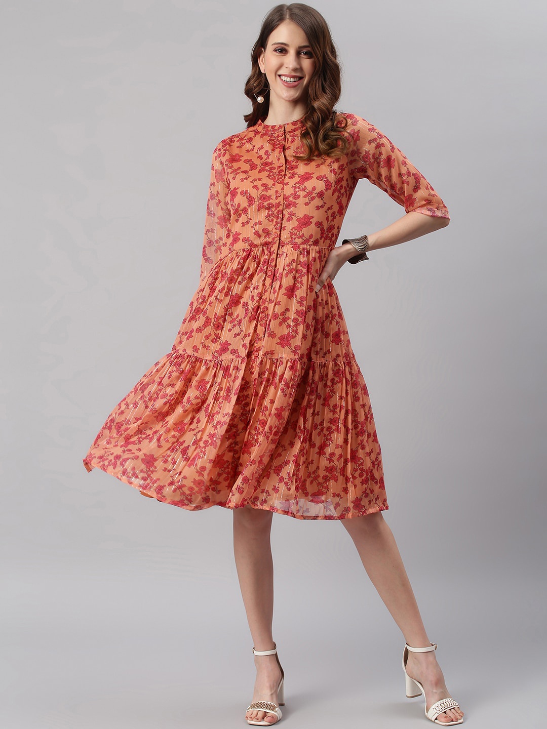 

Janasya Orange Floral Georgette A-Line Dress