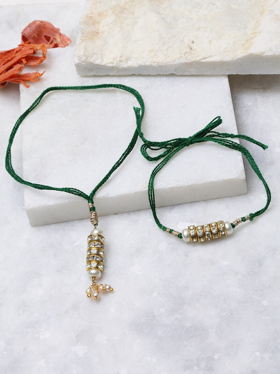 

DUGRISTYLE 2 Green Sterling Silver Pearls Handcrafted Gold-Plated Rakhi Bracelet Set