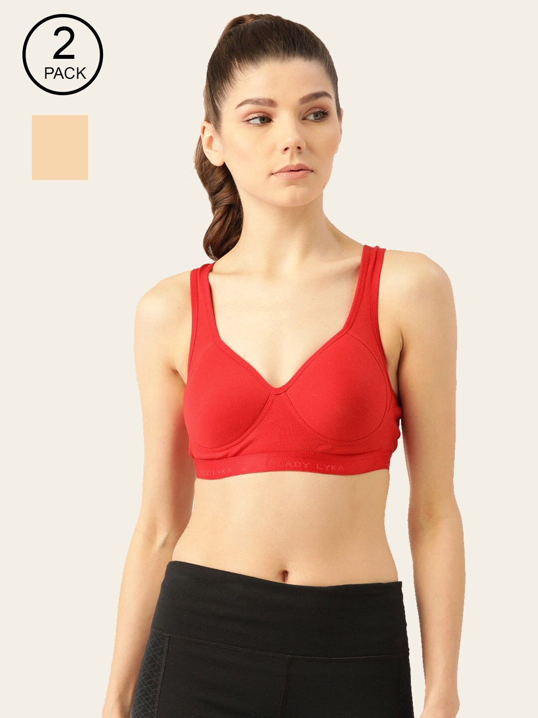 Lady Lyka Red & Beige Set of 2 Full Coverage Lightly Padded Workout Bra