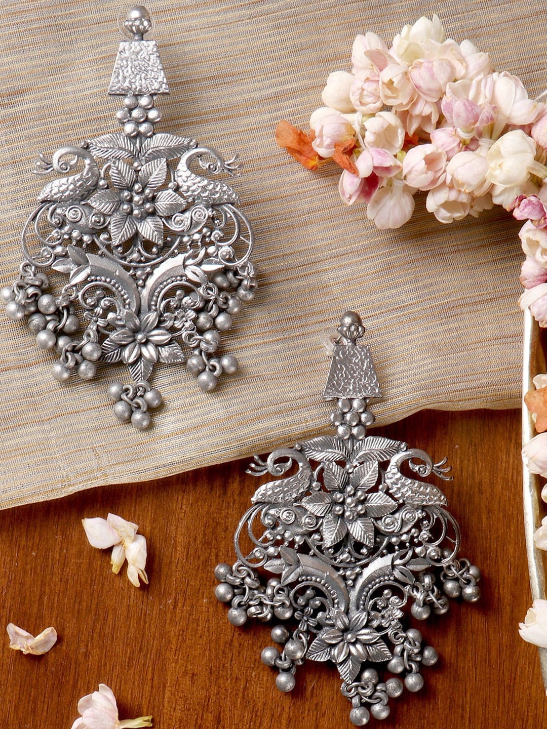 

TEEJH Silver-Plated German Silver Oxidised Peacock Shaped Drop Earrings