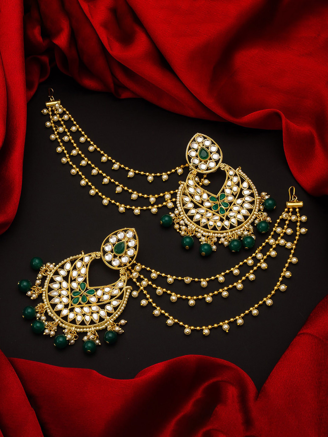 

aadita Women Gold-Toned Green Beaded & Kundan Studded Chandbali Earrings With Hair Chain