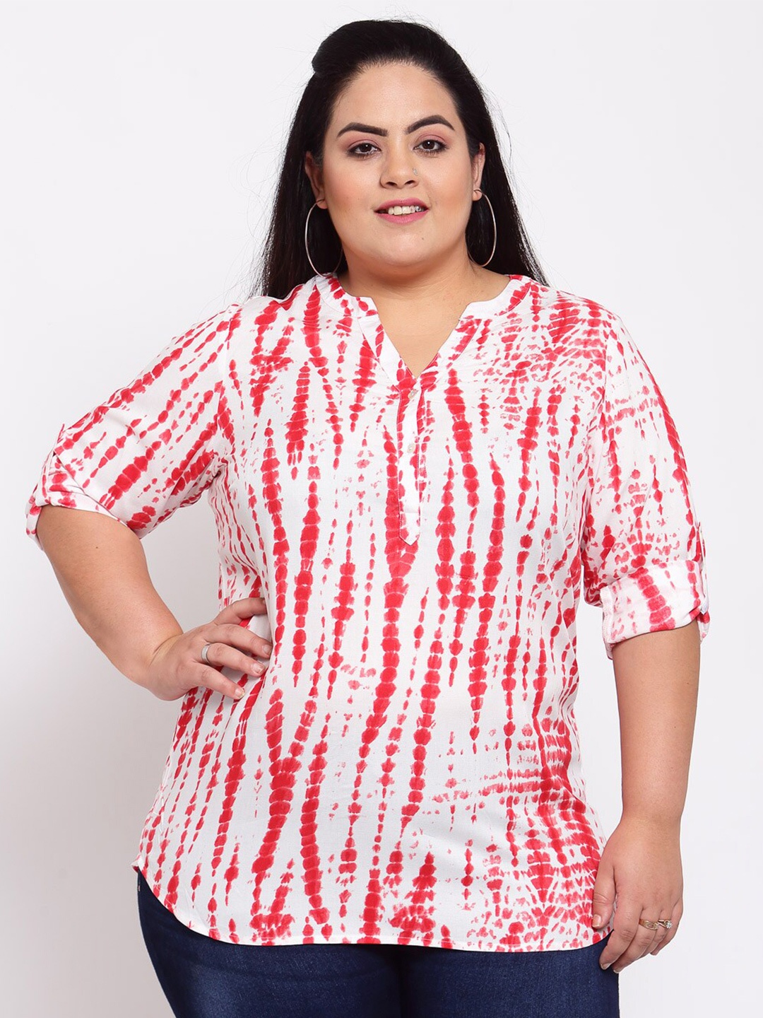 

plusS White Tie and Dye Mandarin Collar Regular Top