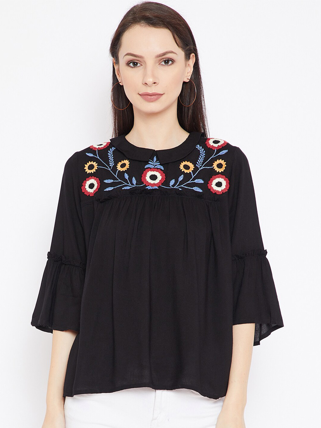 

Vaak Women Black Floral Bell Sleeve Empire Embroidered Top