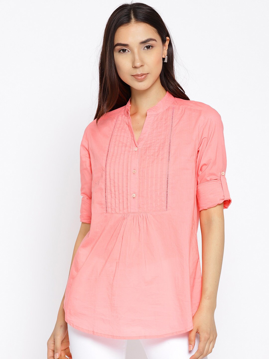 Vaak Pink Mandarin Collar Shirt PinTuck Top