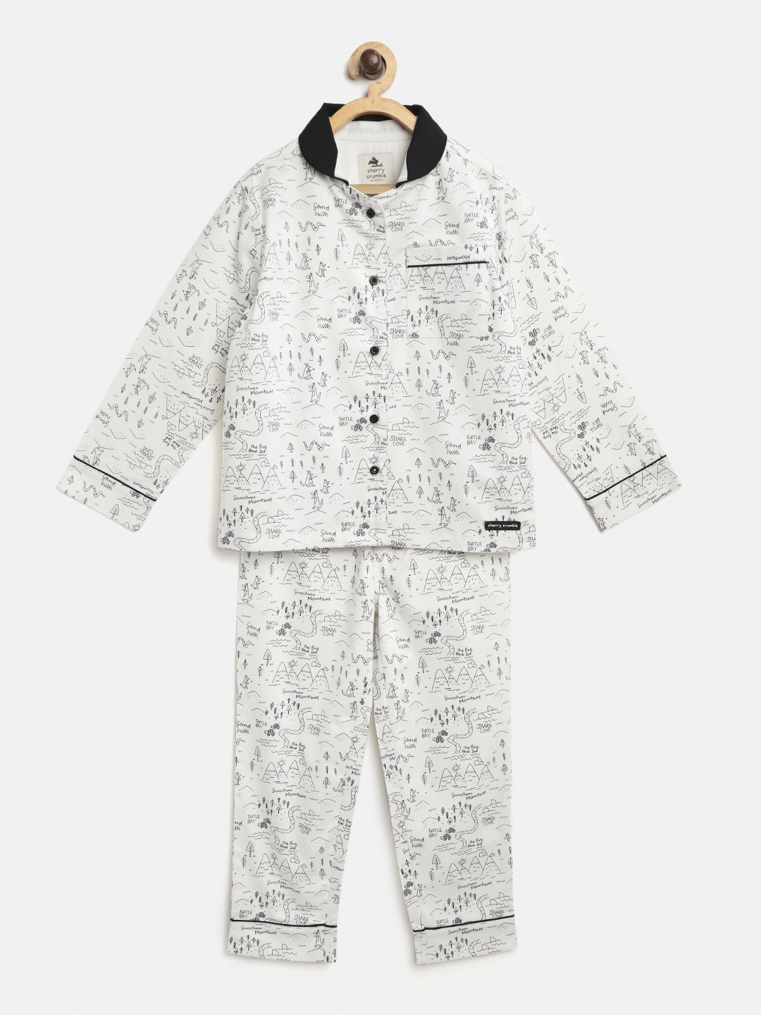 

Cherry Crumble Unisex Kids White & Black Printed Night suit