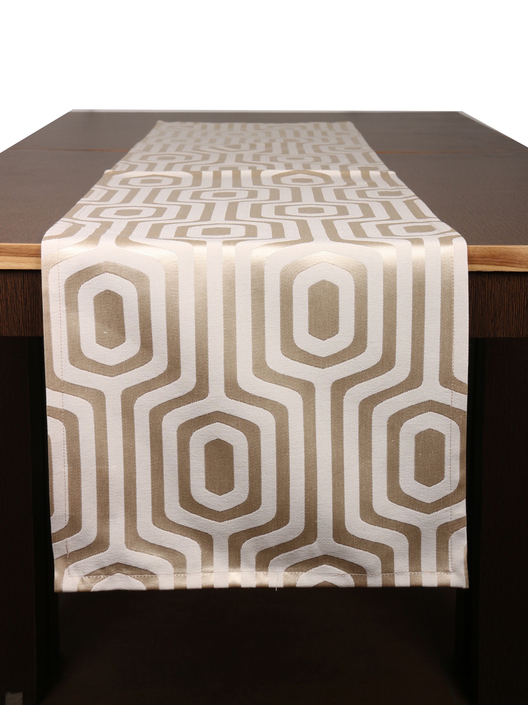 

Home Cream-Coloured 7 Gold-Coloured Geometric Woven-Design Cotton Table Runner