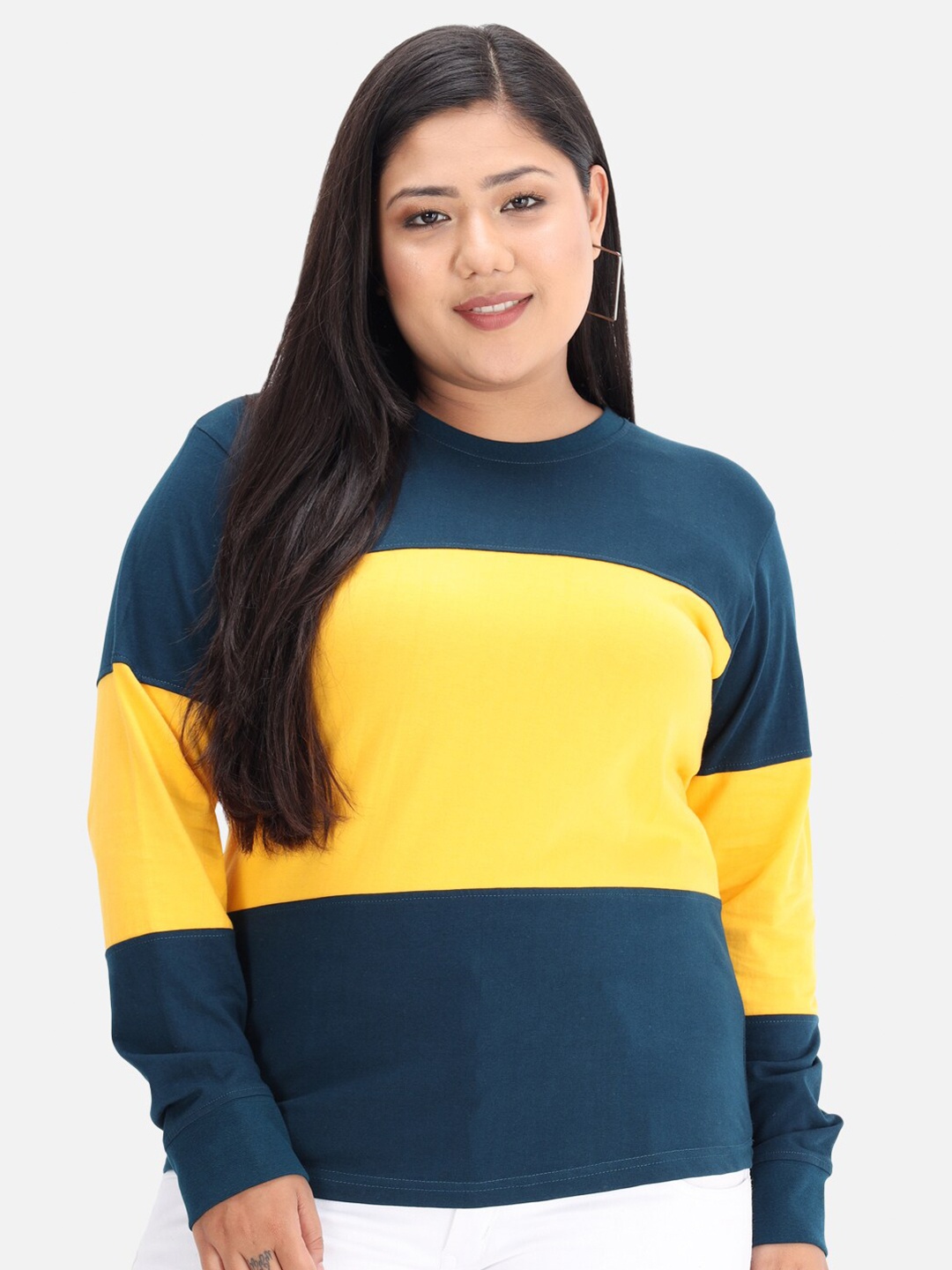 

BEYOUND SIZE - THE DRY STATE Women Teal Blue & Yellow Plus Size Colourblocked T-shirt