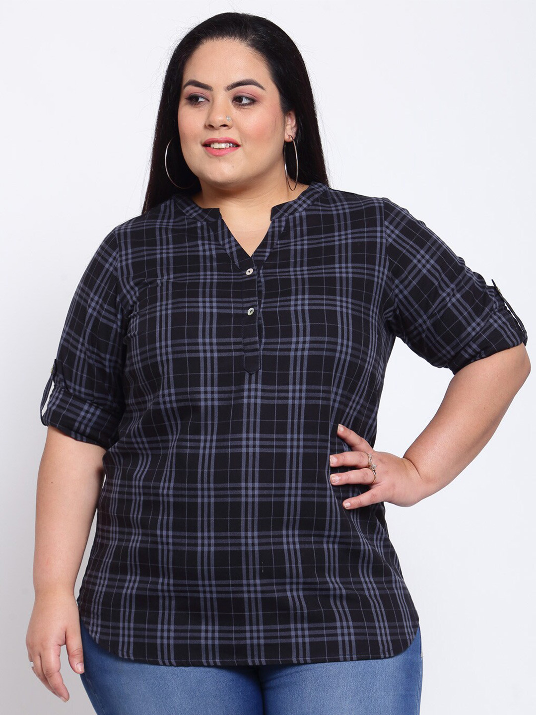

plusS Women Navy Blue Checked Shirt Style Top