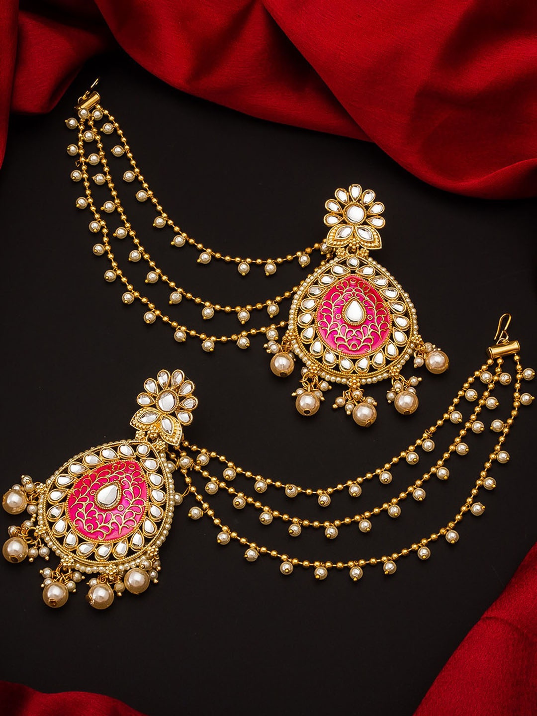 

aadita Gold-Toned Pearls Studded Contemporary Chandbalis Earrings With Hair Chain