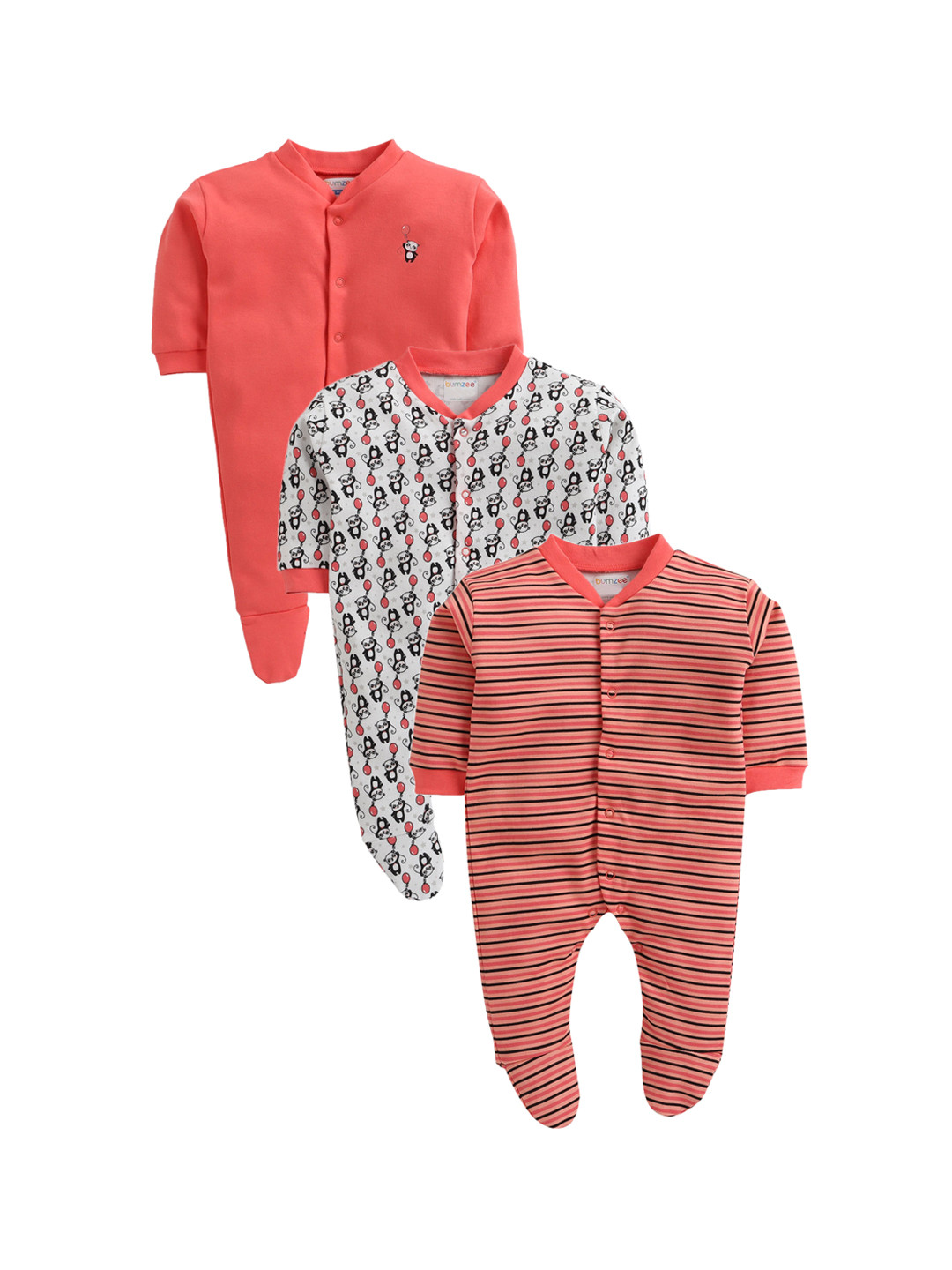 

BUMZEE Newborn Boys Pack Of 3 Cotton Sleepsuits, Coral
