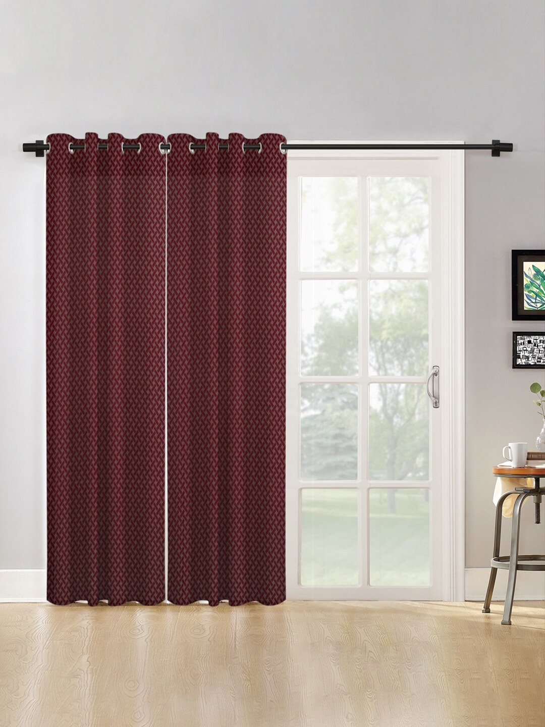 HOSTA HOMES Maroon Set of 2 Geometric Long Door Curtain