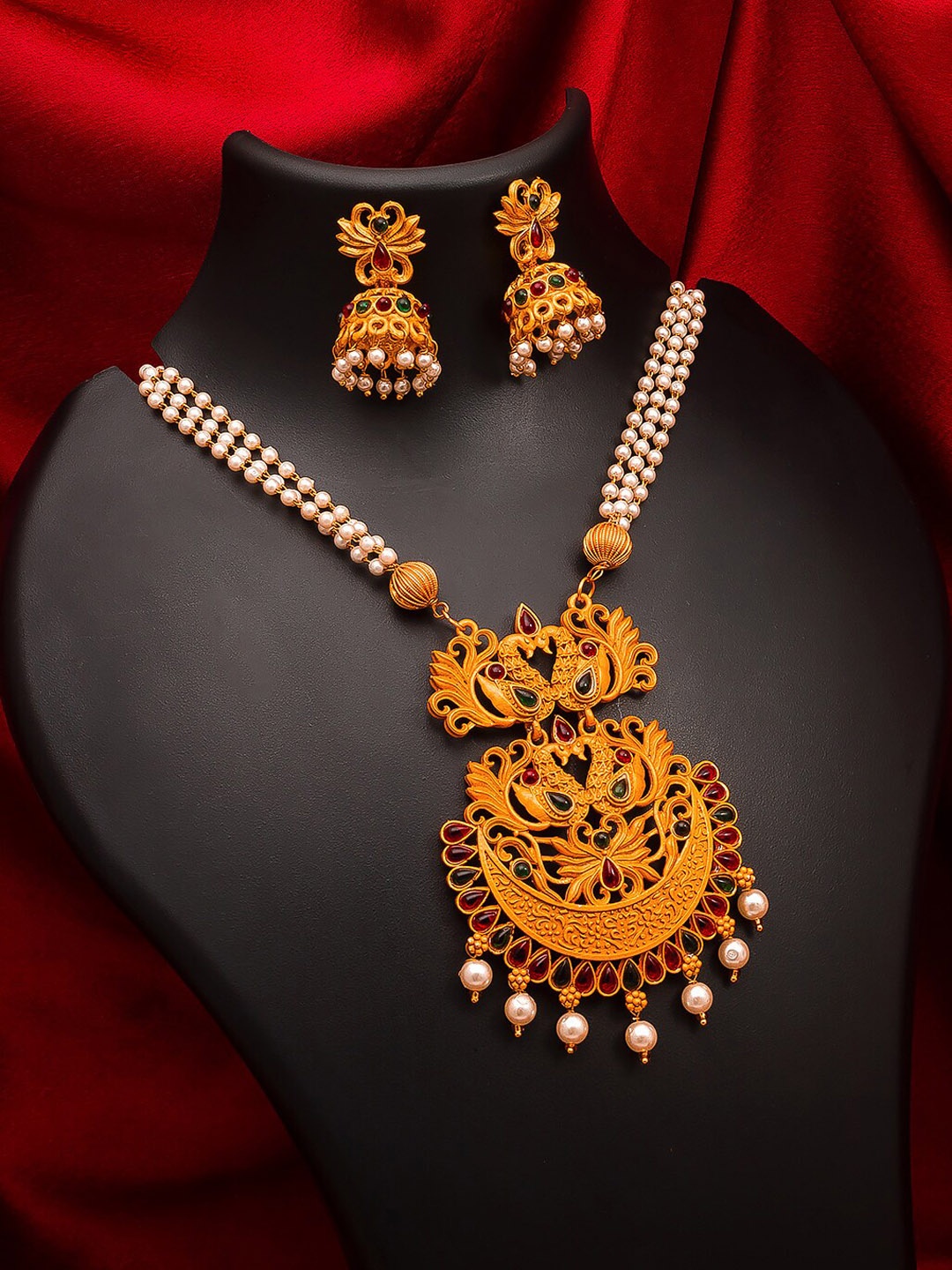 

aadita Gold-Plated Green Pearls-Studded Temple Jewellery Set