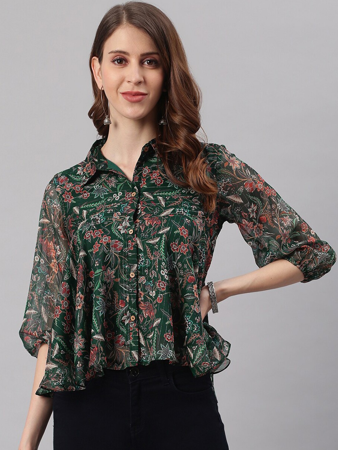

Janasya Women Floral Printed Shirt Style Top, Green