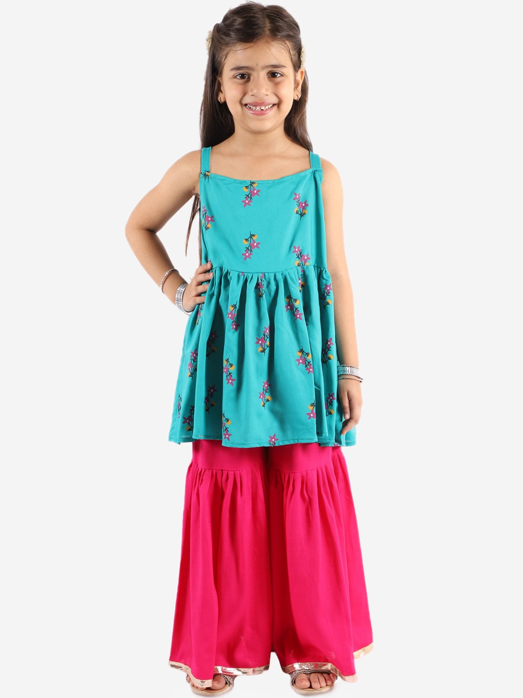 

Chipbeys Girls Teal Floral Printed Empire Pure Cotton Kurti with Sharara