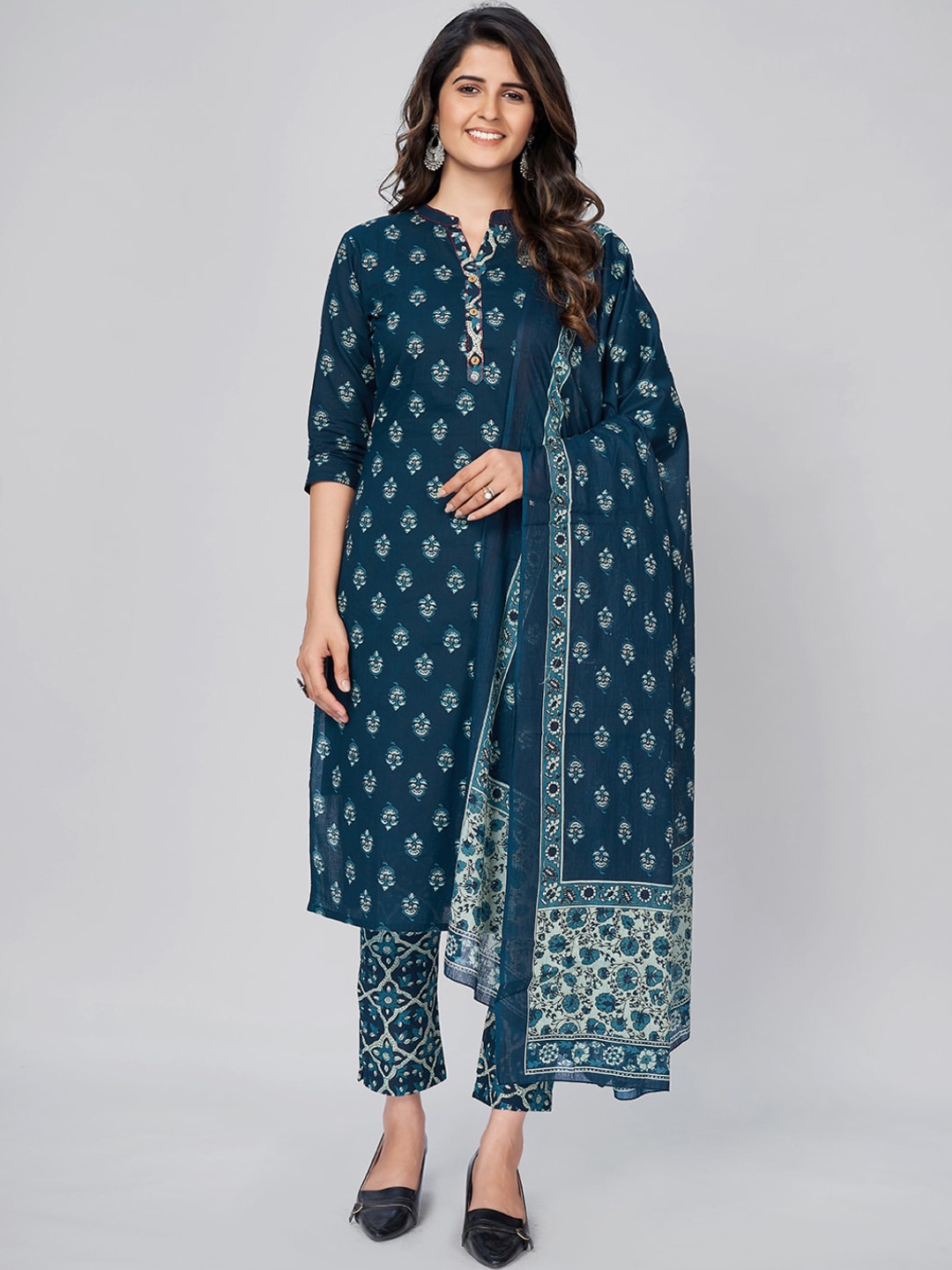 

Vbuyz Women Blue Ethnic Motifs Empire Kurti with Trousers & With Dupatta