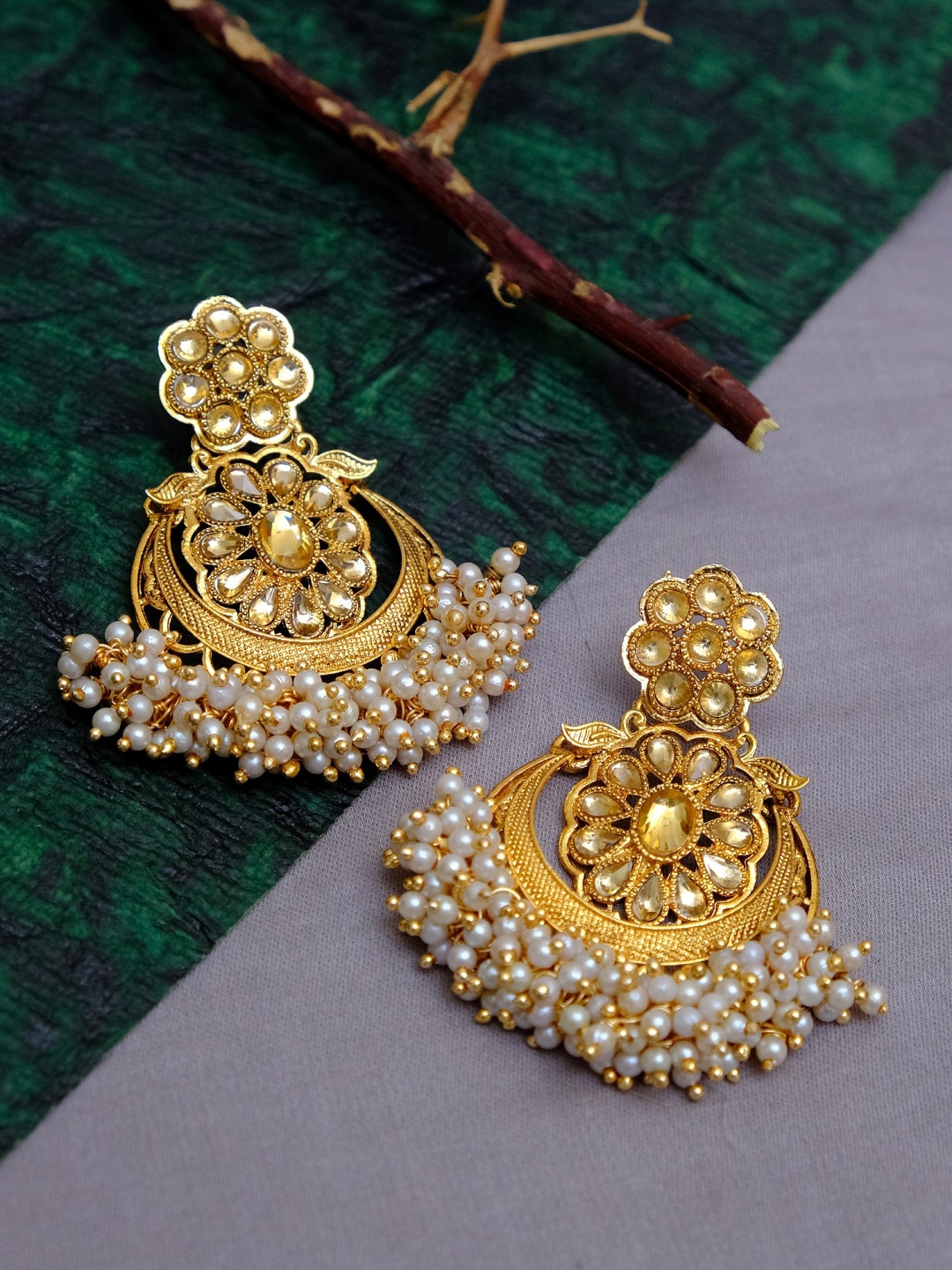 

Crunchy Fashion Women Gold-Toned Kundan & Pearls Studded Contemporary Chandbalis Earrings