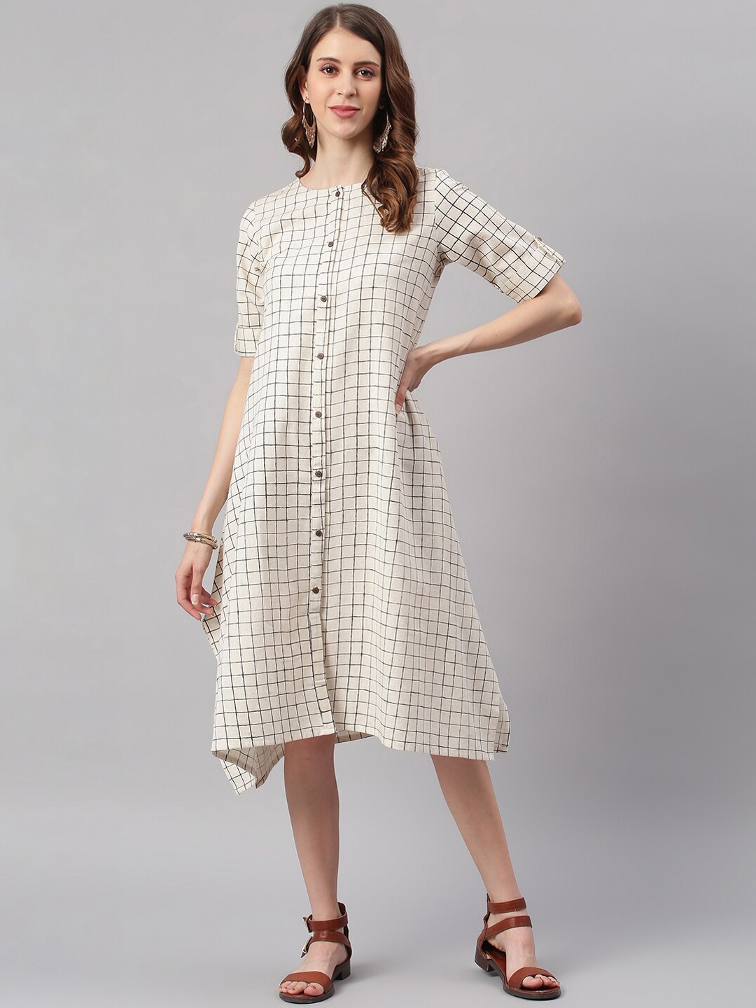 

Janasya Cream-Coloured Checked A-Line Midi Dress