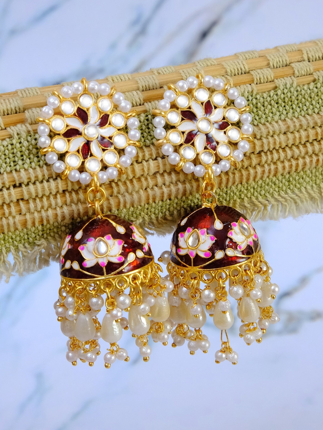 

Crunchy Fashion Gold-Toned & Maroon Contemporary Meenakari Jhumkas Earrings