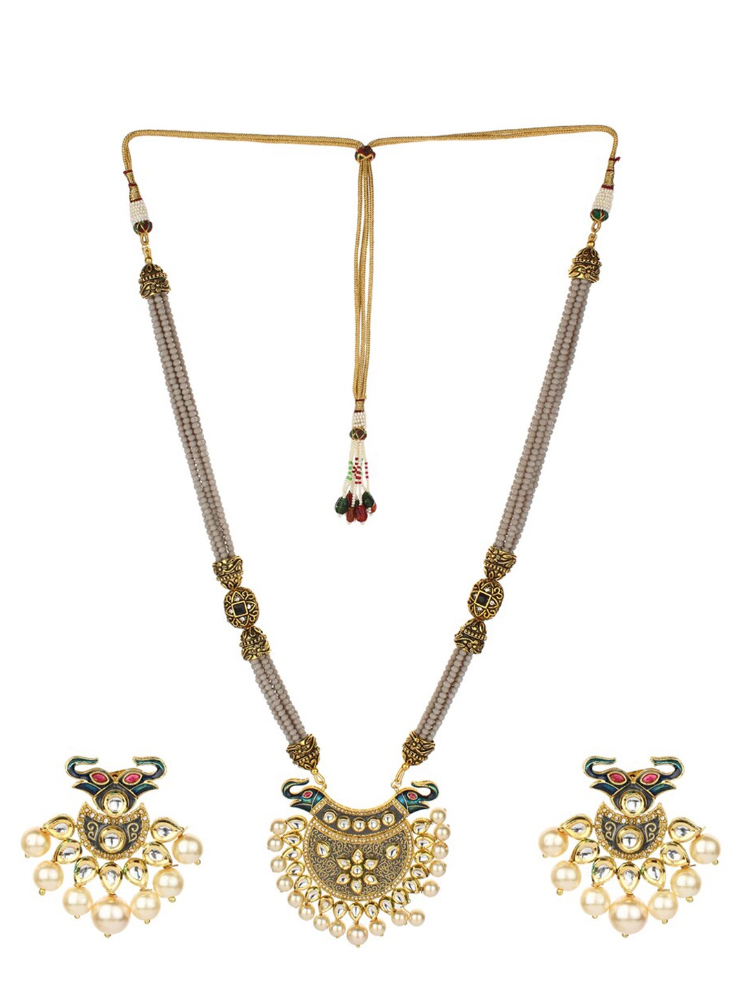 

Runjhun Gold-Plated Grey & White Kundan-Studded Beaded Jaipuri Jewellery Set