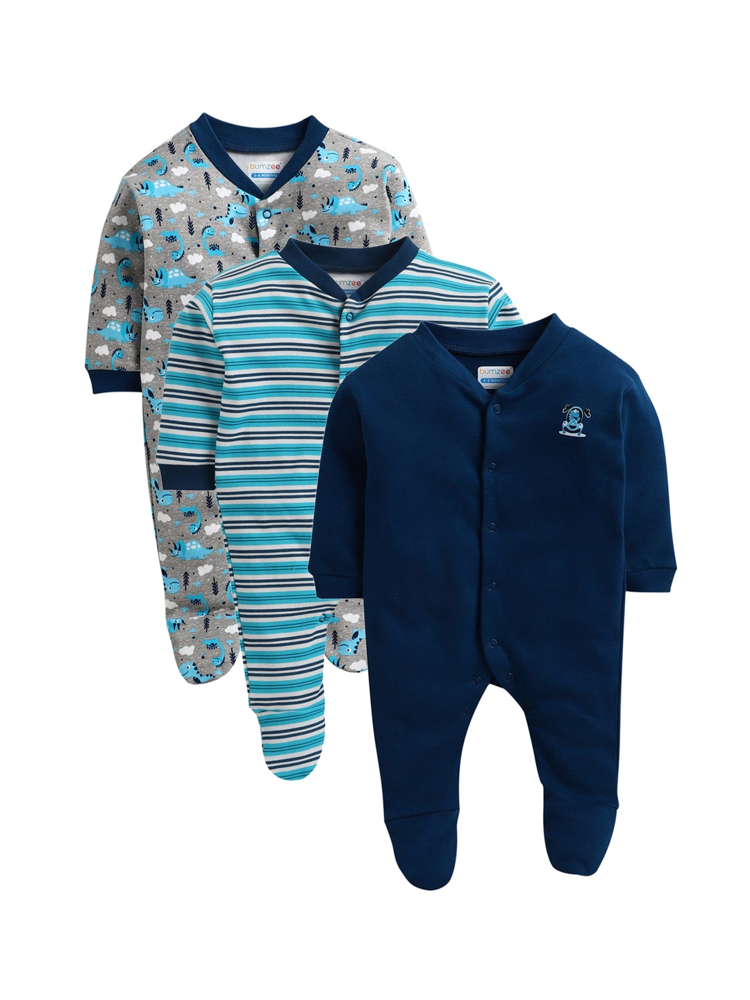 

BUMZEE Boys Pack Of 3 Pure Cotton Sleepsuits, Grey