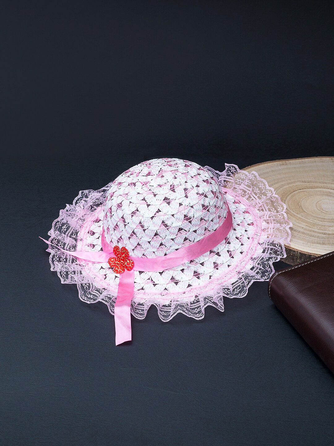 

Golden Peacock Girls Pink & White Woven Design Sustainable Sun Hat