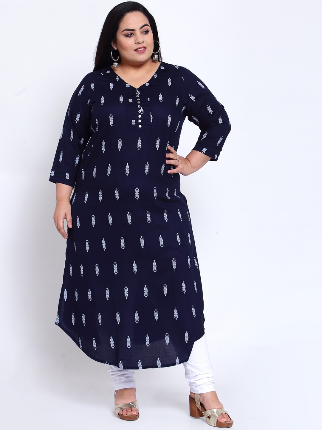 

plusS Women Navy Blue Ethnic Motifs Printed Kurta