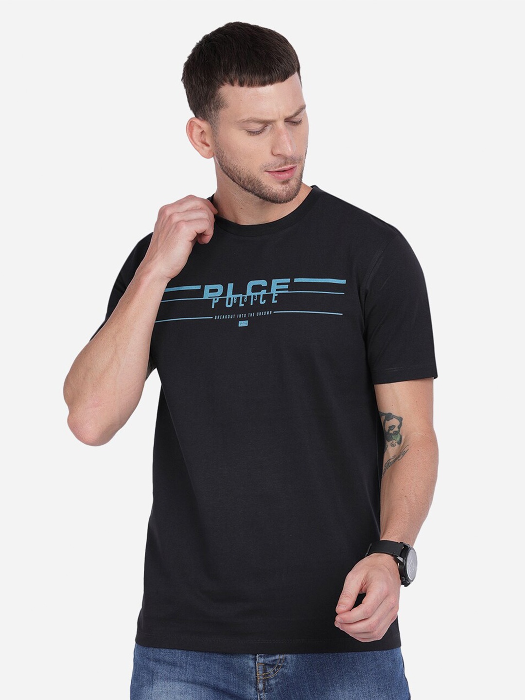 883 Police Men Black Typography Printed T-shirt