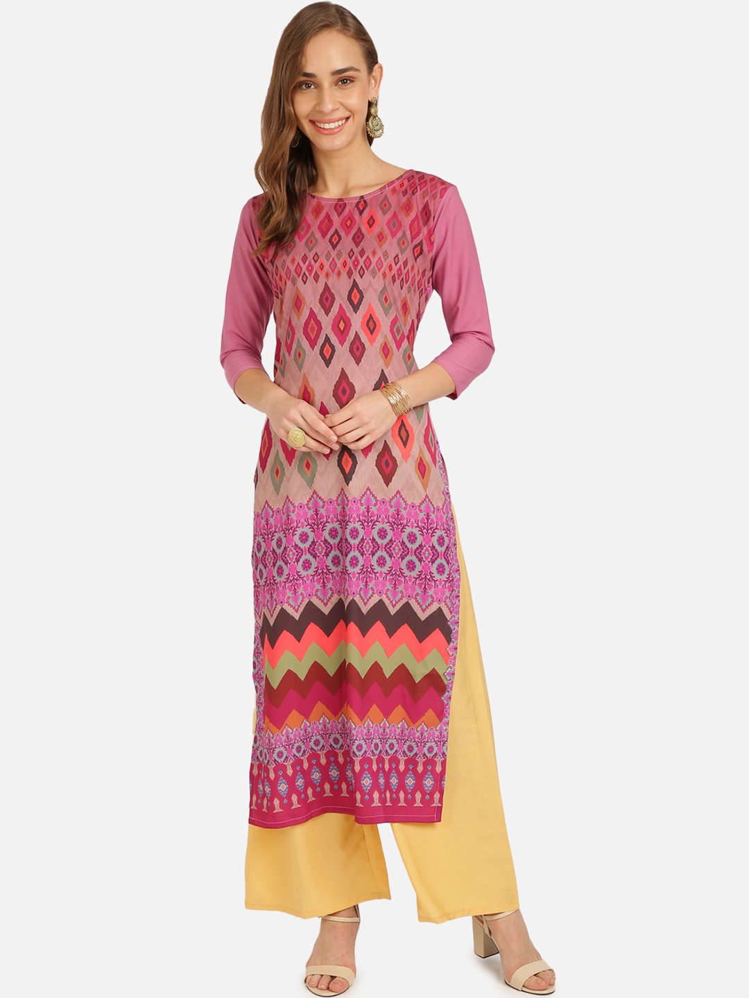 

SAADHVI Women Pink & Orange Geometric Printed Crepe Kurta