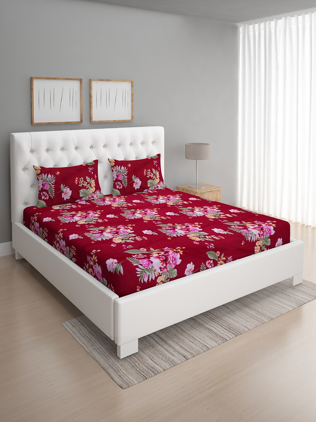 

ROMEE Maroon & Pink Floral 144 TC Microfiber Queen Bedsheet with 2 Pillow Covers