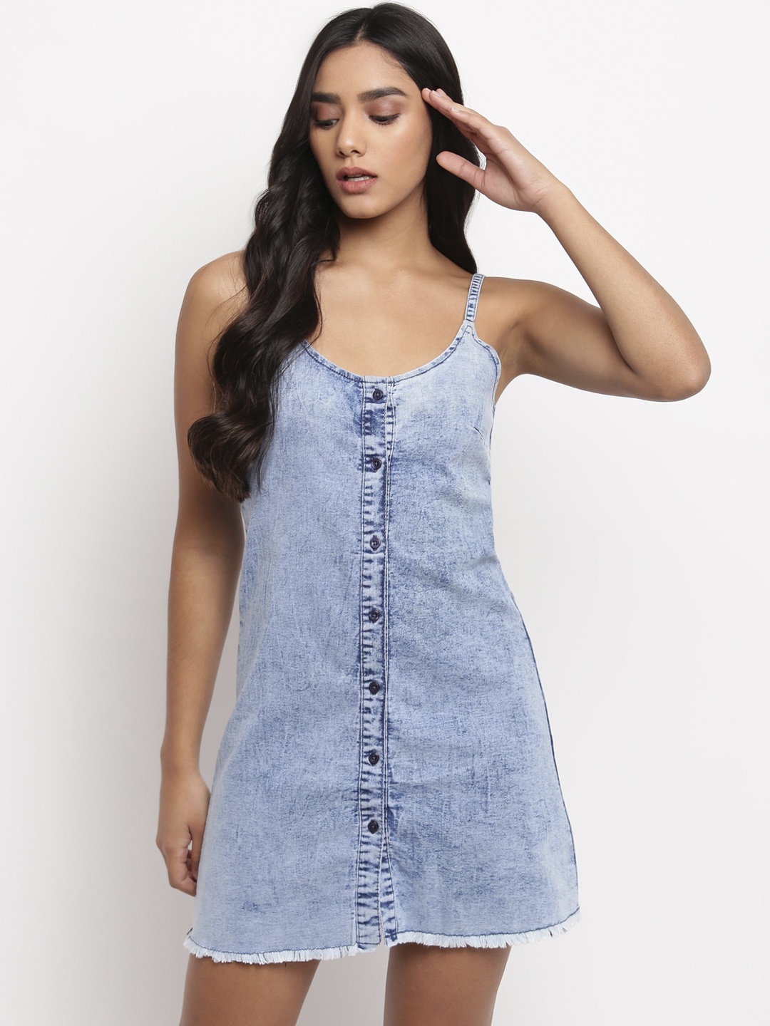 

TALES & STORIES Women Light Blue Denim A-Line Dress With Frayed Hem