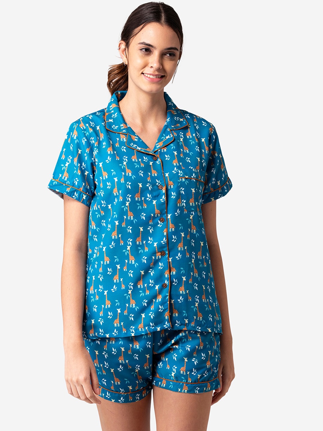 

Bellofox Women Blue & Brown Printed Night suit