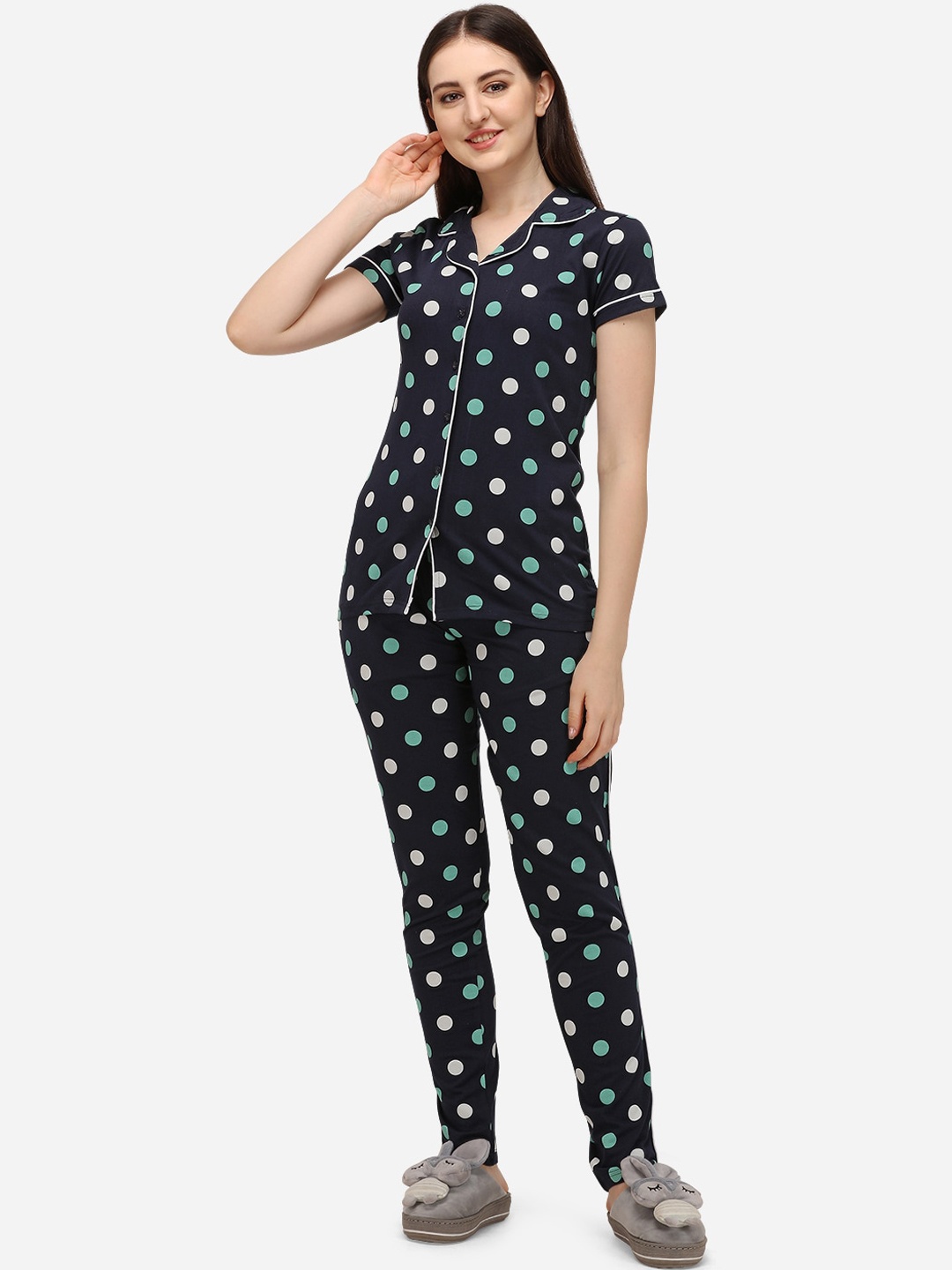 

Lenissa Women Navy Blue & White Polka Dots Printed Pyjama Set