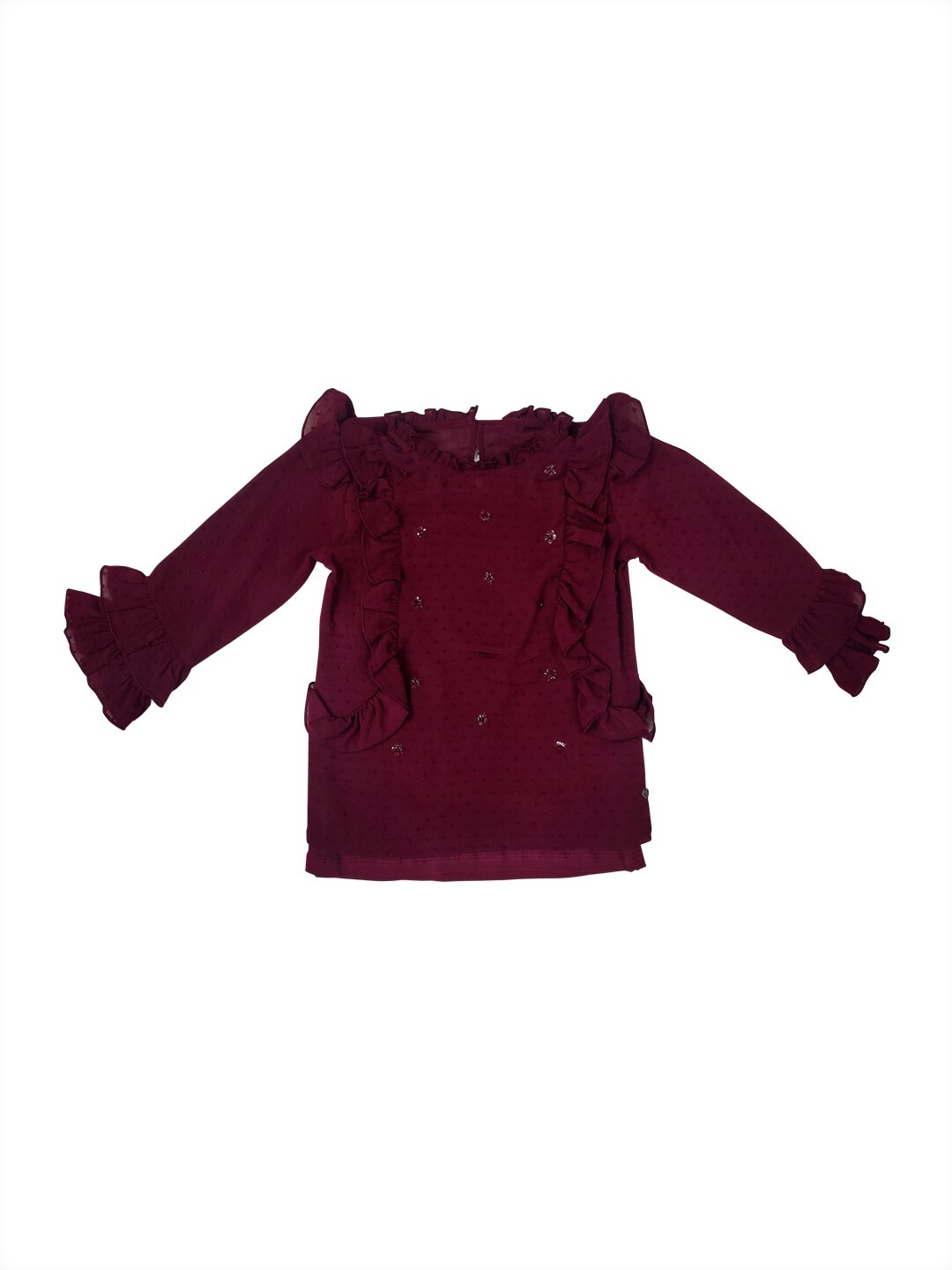 

Gini and Jony Maroon Embellished Bell Sleeve Ruffles Regular Top