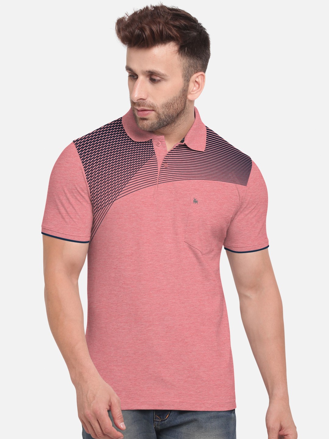 

BULLMER Men Pink Graphic Printed Polo Collar Pure Cotton T-shirt