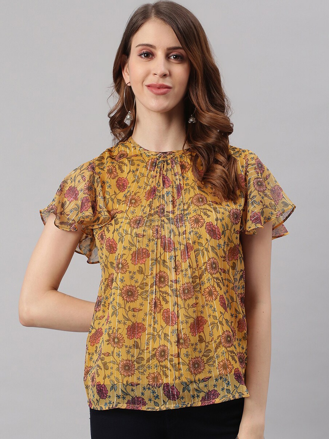 

Janasya Mustard Yellow & Red Floral Flutter Sleeve Georgette Semi-Sheer Regular Top