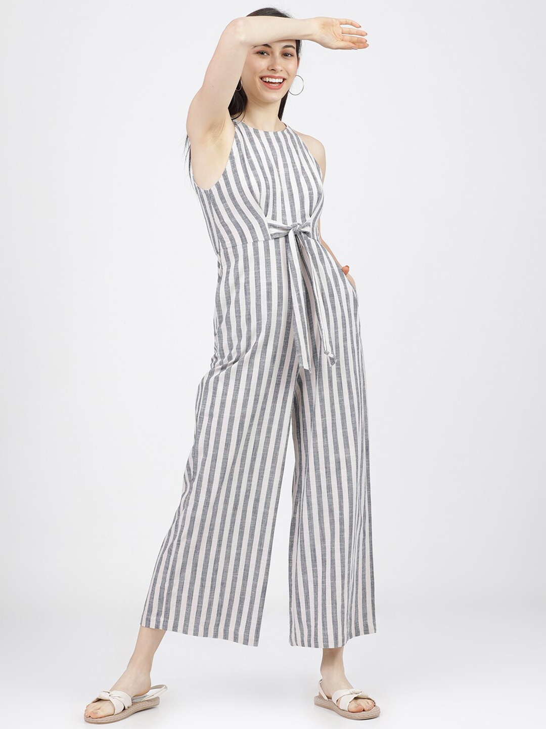 Tokyo Talkies Grey & White Halter Neck Striped Basic Jumpsuit