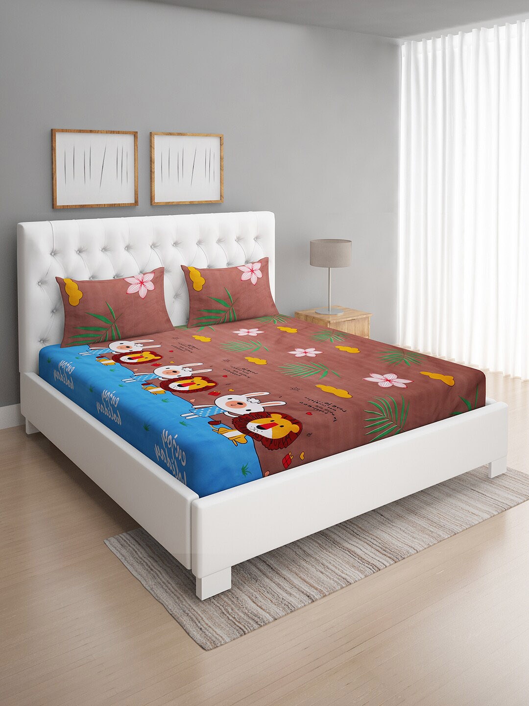 

ROMEE Kids Printed 144 TC Microfiber Queen Bedsheet with 2 Pillow Covers, Brown