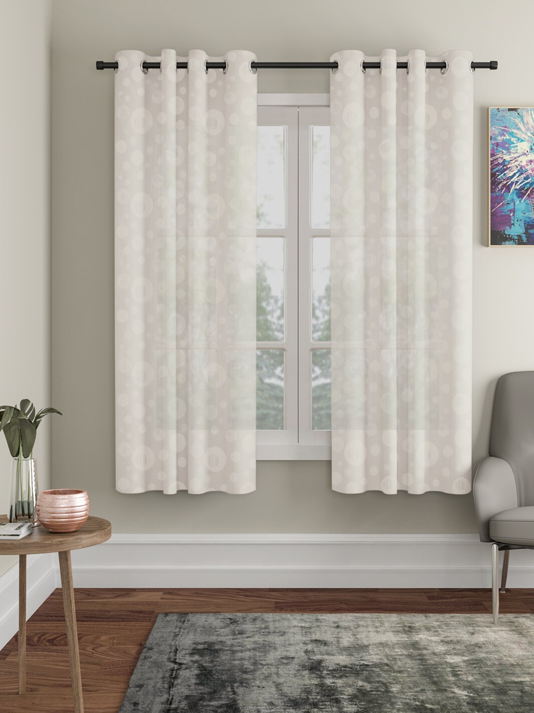 HOSTA HOMES Cream-Coloured Set of 2 Geometric Window Curtain