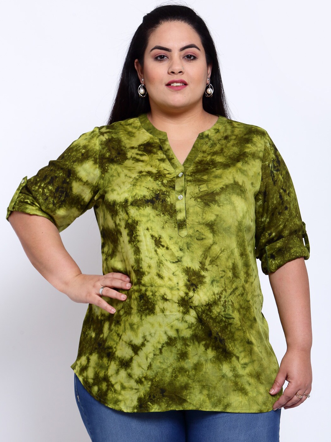 

plusS Green Mandarin Collar Shirt Style Top