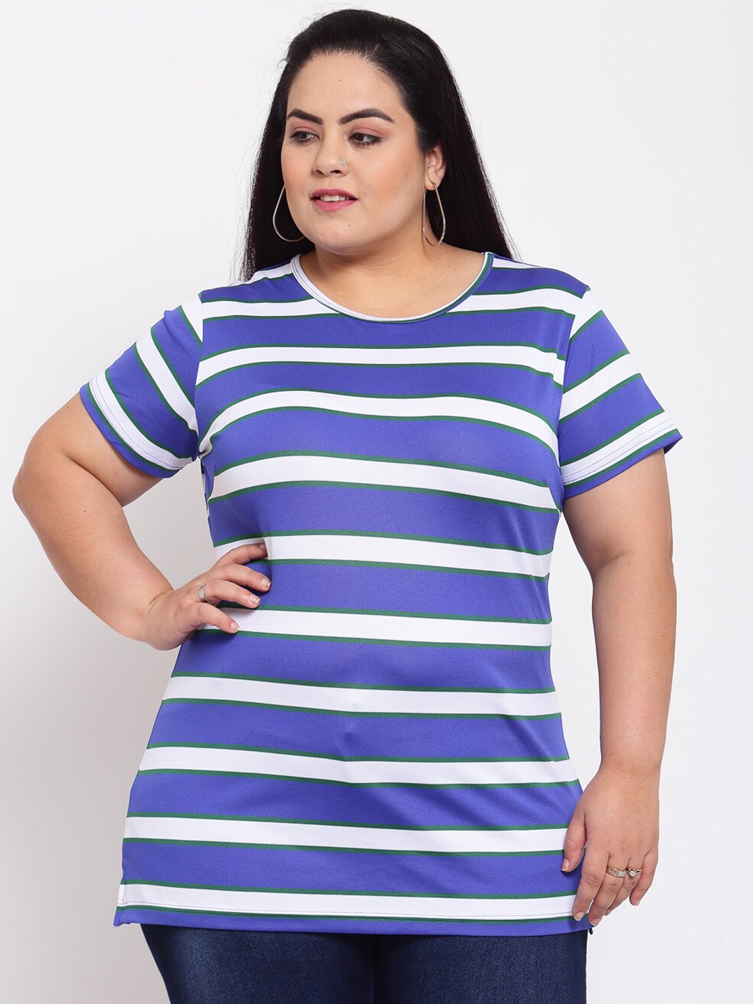 

plusS Women Blue Striped Extended Sleeves T-shirt