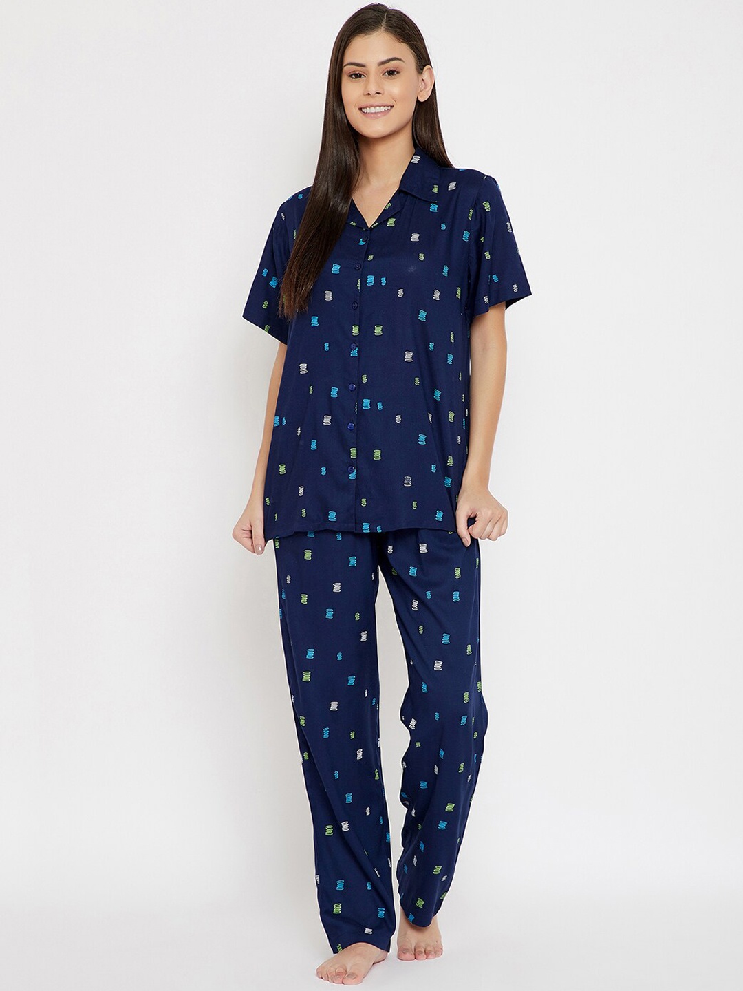 

Clovia Women Navy Blue & Green Printed Night suit