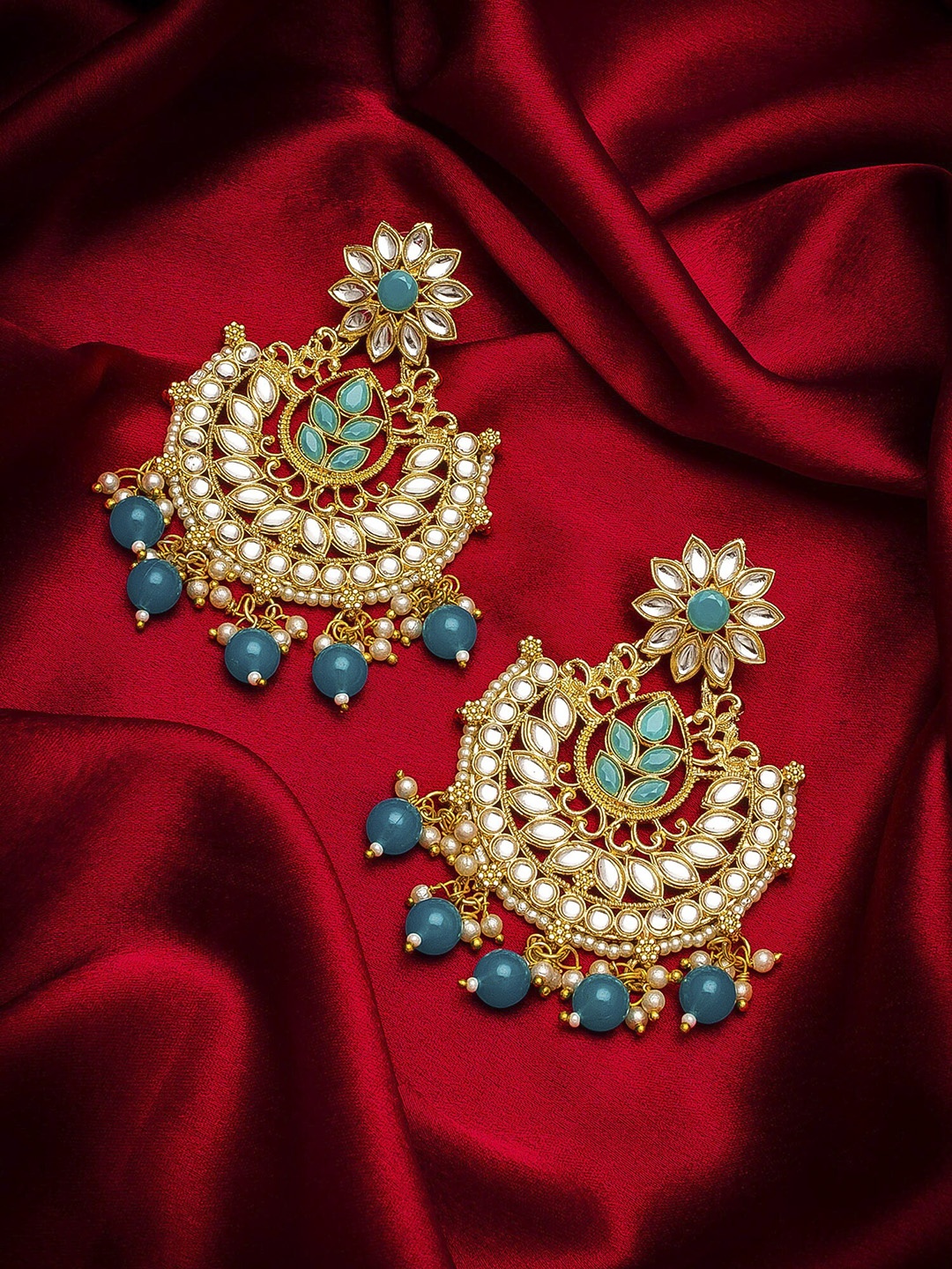 

aadita Women Gold-Toned & Green Contemporary Chandbalis Earrings