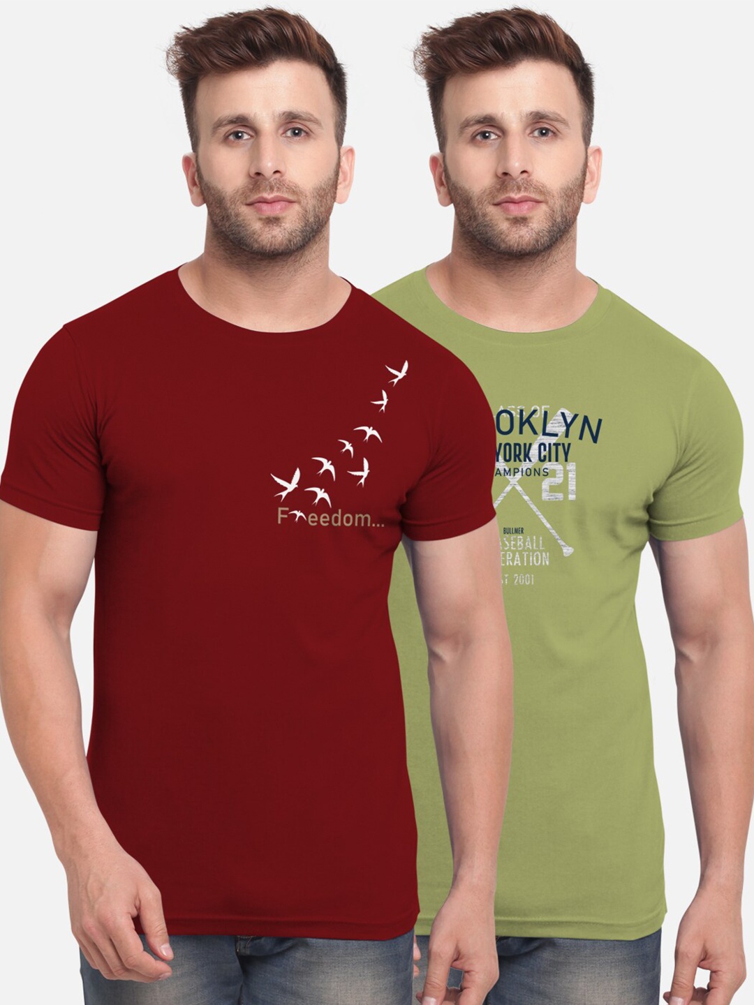 

BULLMER Men Set of 2 Maroon & Olive Green Typography Printed T-shirt