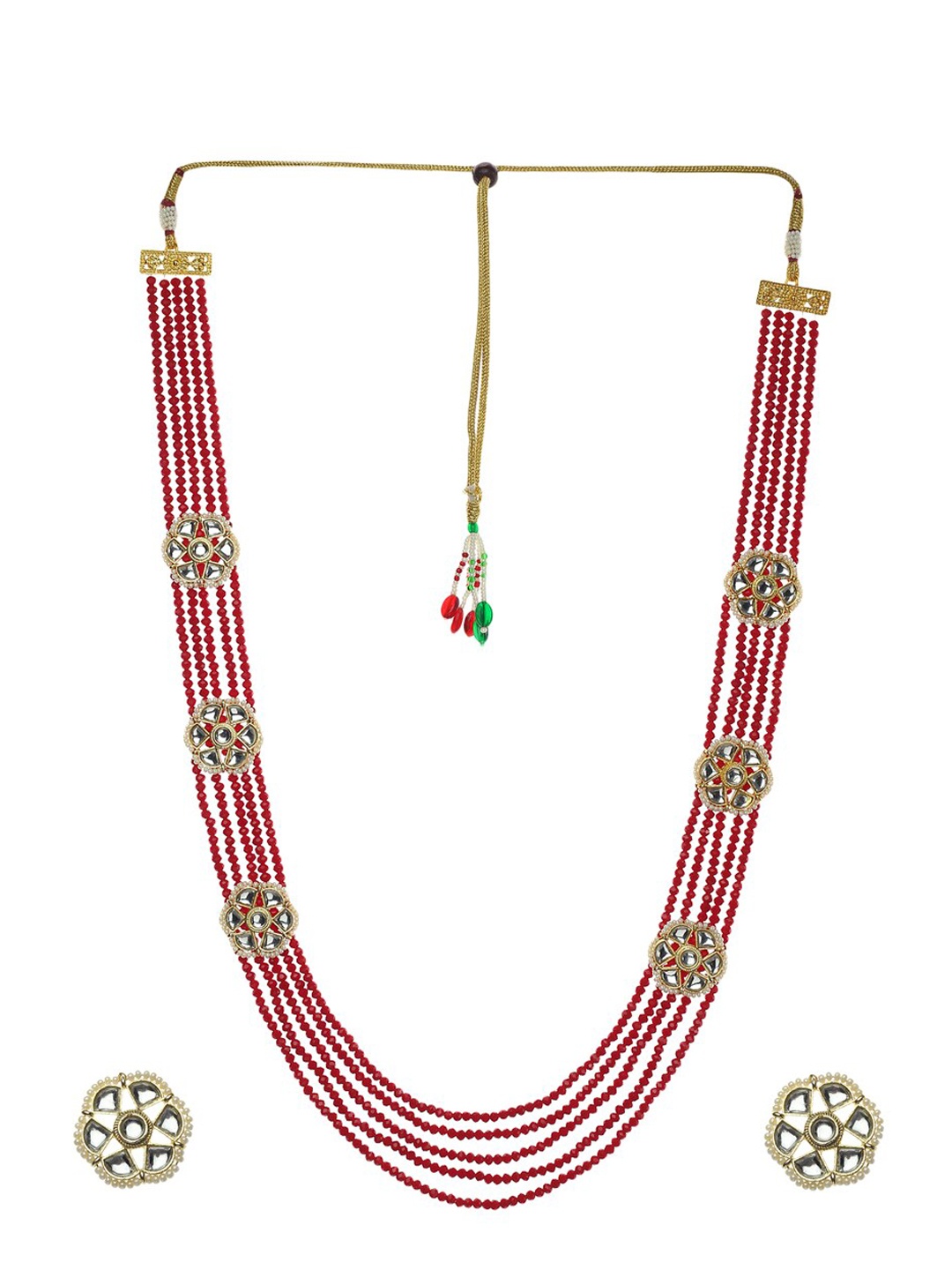 

Runjhun Gold-Plated Maroon & White Stone-Studded Handcrafted Long Designer Jewellery Set