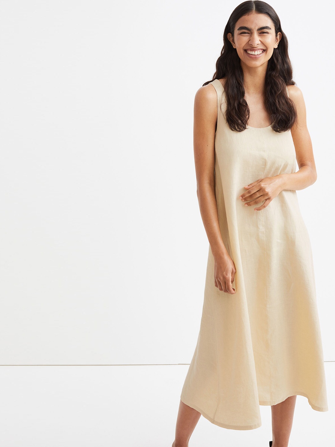 

H&M Women Beige Flared Linen Dress