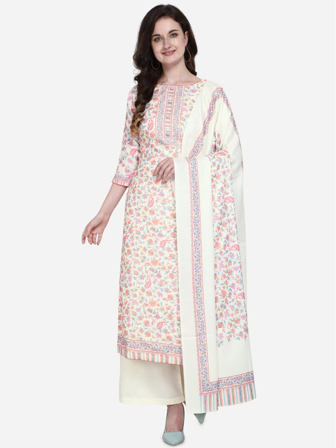 

Stylee LIFESTYLE Off White & Pink Floral Print Unstitched Dress Material