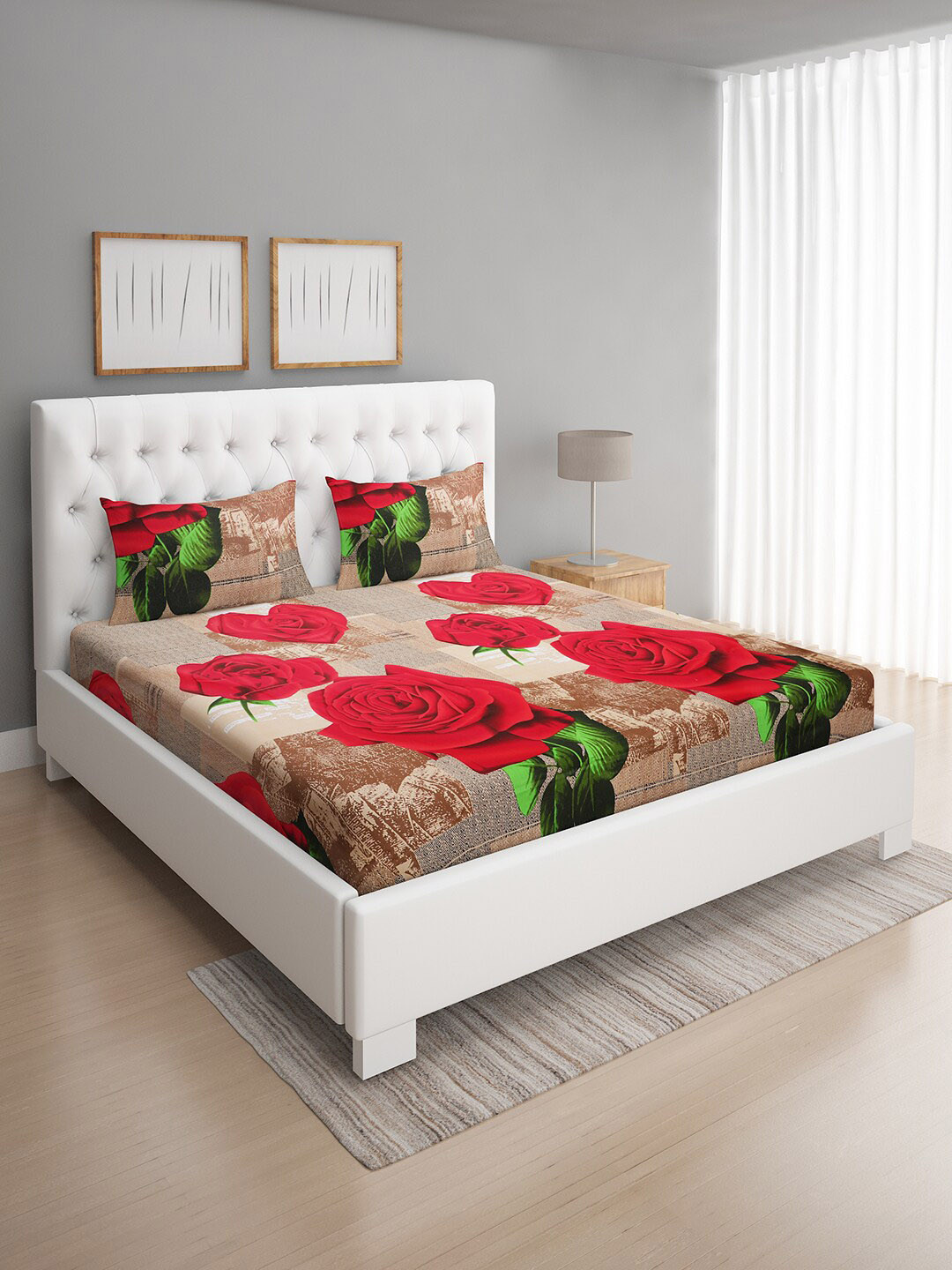 

ROMEE Beige & Red Floral 144 TC Queen Bedsheet with 2 Pillow Covers