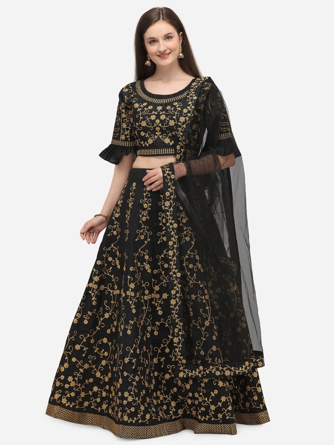 

PURVAJA Black & Gold-Toned Embroidered Thread Work Ready to Wear Lehenga & Unstitched Blouse With Dupatta