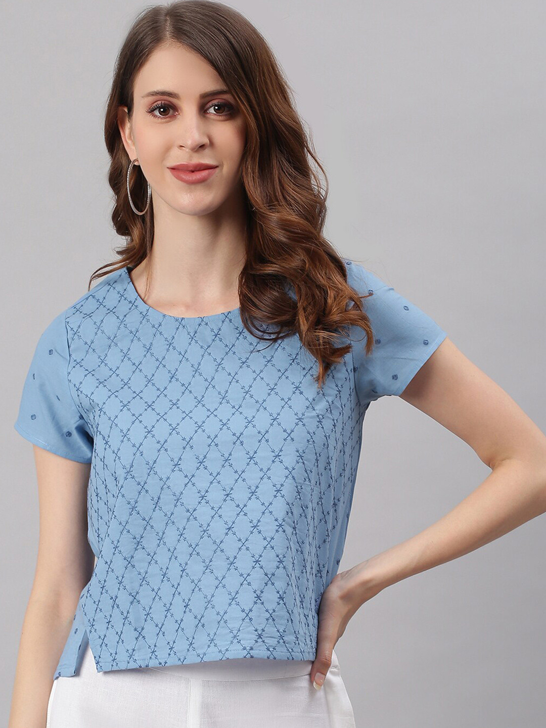 

Janasya Blue Embroidered Checked Regular Top
