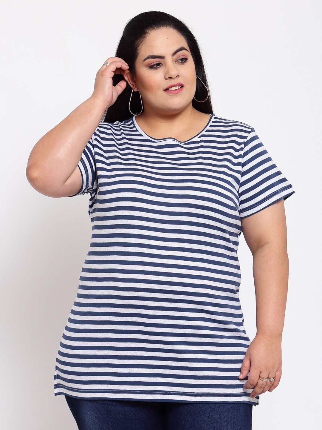 

plusS Women Blue Striped Drop-Shoulder Sleeves Monochrome T-shirt